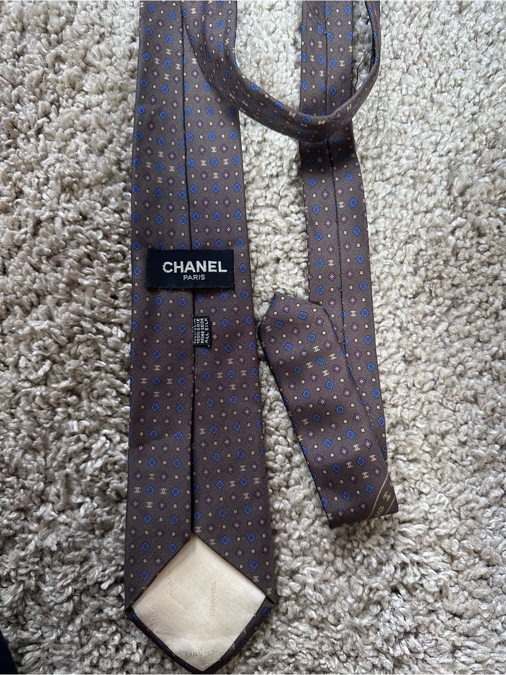 CHANEL Brown Silk Tie with Blue Dot Motif